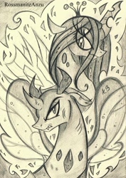 Size: 1621x2290 | Tagged: safe, artist:rossmaniteanzu, imported from derpibooru, pharynx, queen chrysalis, changedling, changeling, duo, female, male, monochrome, mother and son, pencil drawing, prince pharynx, traditional art