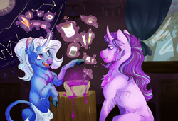 Size: 1024x701 | Tagged: safe, artist:biakela, imported from derpibooru, starlight glimmer, trixie, classical unicorn, pony, unicorn, alchemy, beaker, cheek fluff, chest fluff, cloven hooves, constellation, curtains, curved horn, duo, ear fluff, feather, female, glowing horn, leonine tail, magic, mare, scenery, telekinesis, unshorn fetlocks, window