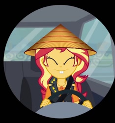 Size: 672x718 | Tagged: safe, edit, edited screencap, imported from derpibooru, screencap, sunset shimmer, human, driving miss shimmer, equestria girls, equestria girls series, asian conical hat, bootleg, car, clothes, conical hat, cropped, doppelganger, doppleganger, driving, female, hat, op is a duck, op is trying to start shit, racism, that's racist