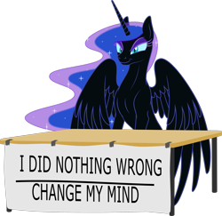 Size: 2337x2272 | Tagged: safe, artist:grypher, derpibooru exclusive, imported from derpibooru, nightmare moon, alicorn, pony, change my mind, ethereal mane, female, hitler did nothing wrong, mare, missing accessory, simple background, sitting, smiling, smirk, solo, starry mane, steven crowder, table, transparent background, vector