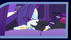 Size: 1280x720 | Tagged: safe, imported from derpibooru, screencap, rarity, driving miss shimmer, equestria girls, equestria girls series, driving miss shimmer: rarity, eyes closed, eyeshadow, female, geode of shielding, limousine, magical geodes, makeup, solo, sunglasses