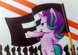 Size: 2551x1814 | Tagged: safe, artist:mustachedbain, imported from derpibooru, starlight glimmer, pony, semi-anthro, unicorn, atg 2018, bipedal, equal cutie mark, flag, newbie artist training grounds, stalin glimmer