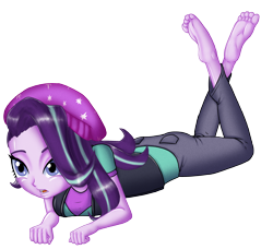 Size: 2454x2240 | Tagged: safe, artist:artemis-polara, imported from derpibooru, starlight glimmer, equestria girls, mirror magic, spoiler:eqg specials, barefoot, beanie, breasts, clothes, commission, feet, female, hat, lying down, shirt, simple background, solo, transparent background, vest