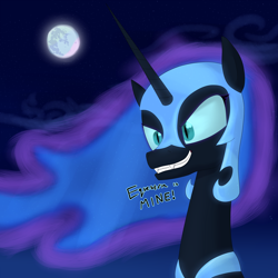 Size: 3000x3000 | Tagged: safe, artist:moonatik, imported from derpibooru, nightmare moon, pony, alternate timeline, armor, atg 2018, female, helmet, implied princess celestia, mare in the moon, moon, newbie artist training grounds, nightmare takeover timeline, sharp teeth, sky, solo, teeth