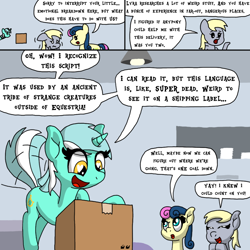 Size: 1000x1000 | Tagged: safe, artist:bjdazzle, imported from derpibooru, bon bon, derpy hooves, lyra heartstrings, sweetie drops, earth pony, pegasus, pony, unicorn, comic:accidental transit guardians, atg 2018, box, chibi, coincidence, comic, cute, excited, female, happy, heart eyes, irrational exuberance, lyrabetes, mail, mare, nervous, newbie artist training grounds, package, researcher, shaking, smiling, tail wag, teamwork, wingding eyes