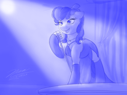 Size: 1024x768 | Tagged: safe, artist:novaintellus, imported from derpibooru, sapphire shores, earth pony, pony, clothes, dress, female, hat, mare, monochrome, newbie artist training grounds, open mouth, signature, singing, solo