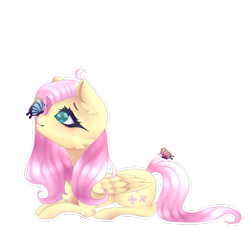 Size: 1024x951 | Tagged: safe, artist:luulyh, imported from derpibooru, fluttershy, butterfly, pegasus, pony, cute, female, lying down, mare, shyabetes, simple background, solo, transparent background