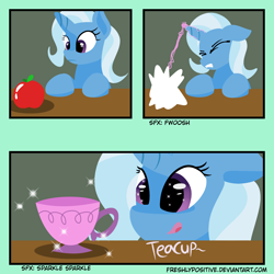 Size: 2000x2000 | Tagged: safe, artist:freshlypositive, imported from derpibooru, trixie, pony, unicorn, apple, comic, cup, eyes closed, female, floppy ears, food, hooves, horn, lineless, magic, mare, open mouth, solo, teacup, teeth, that pony sure does love teacups