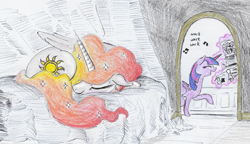 Size: 1053x606 | Tagged: safe, artist:t72b, derpibooru exclusive, imported from derpibooru, princess celestia, twilight sparkle, alicorn, alternate hairstyle, bed, bedroom, curled up, levitation, magic, newbie artist training grounds, singing, sleeping, telekinesis, traditional art, trotting, twilight sparkle (alicorn)