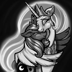 Size: 1000x1000 | Tagged: safe, artist:harwick, imported from derpibooru, princess celestia, princess luna, alicorn, pony, black background, crying, duo, eyes closed, female, hug, mare, monochrome, peytral, regalia, reunion, royal sisters, s1 luna, simple background, sisters, smiling, winghug