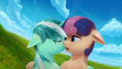 Size: 2560x1440 | Tagged: safe, artist:quvr, imported from derpibooru, bon bon, lyra heartstrings, sweetie drops, earth pony, pony, unicorn, female, lesbian, lyrabon, mare, patreon, patreon preview, shipping