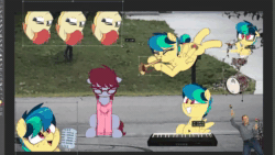 Size: 640x360 | Tagged: dead source, safe, artist:shinodage, imported from derpibooru, oc, oc:apogee, oc:daisy cutter, oc:jet stream, pegasus, pony, animated, clothes, drums, elon musk, elton john, eyes closed, glasses, hoodie, keyboard, maracas, maracas musk, meme, microphone, musical instrument, piano, ponified meme, rocket man, smiling, sound, trumpet, trumpet boy, wat, webm, youtube link