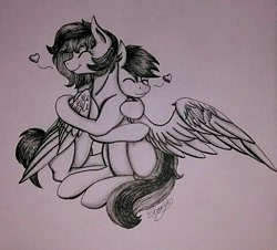 Size: 480x434 | Tagged: safe, artist:shamy-crist, imported from derpibooru, oc, oc only, pegasus, pony, female, hug, male, mare, monochrome, stallion