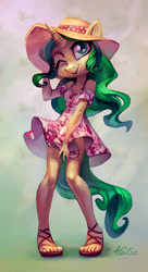 Size: 1653x3031 | Tagged: safe, artist:holivi, imported from derpibooru, oc, oc only, anthro, plantigrade anthro, unicorn, clothes, commission, cottagecore, dress, feet, female, hat, legs, looking at you, mare, one eye closed, sandals, solo, wink