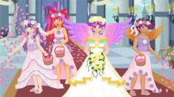 Size: 5119x2842 | Tagged: safe, artist:erim-kawamori, imported from derpibooru, apple bloom, princess cadance, scootaloo, sweetie belle, human, a canterlot wedding, bouquet, bridesmaid dress, clothes, cutie mark crusaders, dress, flower girl, flower girl dress, humanized, sandals, winged humanization, wings
