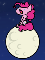 Size: 365x487 | Tagged: safe, artist:flutterluv, imported from derpibooru, pinkie pie, surprise, earth pony, pony, series:flutterluv's full moon, :d, animated, blood moon, eclipse, female, full moon, happy, lunar eclipse, mare, moon, night, open mouth, sitting, smiling, solo, stars, tangible heavenly object, wat