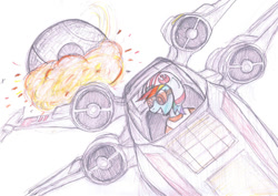 Size: 960x680 | Tagged: safe, artist:m.w., imported from derpibooru, rainbow dash, pony, atg 2018, death star, explosion, female, helmet, newbie artist training grounds, parody, simple background, smiling, solo, star wars, starfighter, traditional art, white background, x-wing