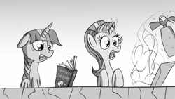 Size: 1920x1080 | Tagged: safe, artist:konyjay, artist:krash42, imported from derpibooru, starlight glimmer, twilight sparkle, alicorn, pony, unicorn, black and white, book, female, grayscale, levitation, magic, magic aura, mare, monochrome, open mouth, simple background, telekinesis, twilight sparkle (alicorn)