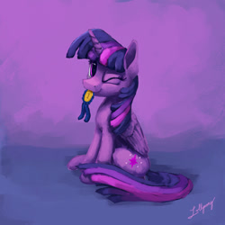 Size: 1000x1000 | Tagged: safe, artist:lollipony, imported from derpibooru, twilight sparkle, alicorn, pony, atg 2018, cute, female, mare, medal, mouth hold, newbie artist training grounds, one eye closed, smiling, twiabetes, twilight sparkle (alicorn), wink