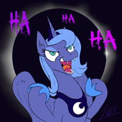 Size: 1500x1500 | Tagged: safe, artist:zoarvek, imported from derpibooru, princess luna, alicorn, pony, atg 2018, evil laugh, fangs, female, laughing, lunacy, mare, newbie artist training grounds, nightmare luna, open mouth, s1 luna, smiling, solo