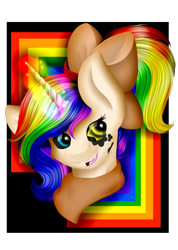 Size: 997x1399 | Tagged: safe, artist:absolitedisaster08, imported from derpibooru, oc, oc only, oc:inky bright, pony, unicorn, black sclera, bow, bust, female, hair bow, mare, portrait, solo