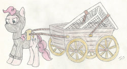 Size: 1896x1032 | Tagged: safe, artist:perplexedpegasus, imported from derpibooru, pinkie pie, earth pony, pony, atg 2018, cart, clothes, female, goal, goal post, mare, newbie artist training grounds, solo, traditional art, wagon