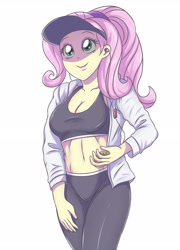 Size: 2338x3248 | Tagged: safe, artist:sumin6301, imported from derpibooru, fluttershy, equestria girls, adorasexy, alternate hairstyle, belly button, clothes, cute, earbuds, female, hoodie, midriff, ponytail, sexy, shyabetes, simple background, smiling, solo, sports bra, white background