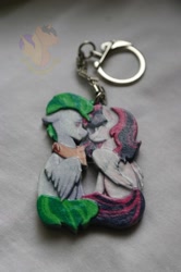 Size: 1024x1539 | Tagged: safe, artist:king-franchesco, imported from derpibooru, oc, oc only, pegasus, pony, cutie mark, female, floppy ears, hooves, irl, keychain, male, mare, pair, photo, sitting, smiling, stallion, wings