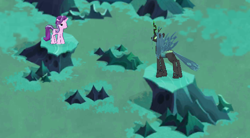 Size: 604x334 | Tagged: safe, imported from derpibooru, queen chrysalis, to where and back again, confrontation, disguise, disguised changeling, duo, gameloft, implied thorax