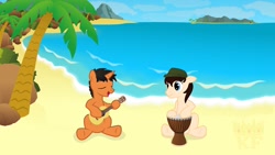 Size: 1920x1080 | Tagged: safe, artist:king-franchesco, imported from derpibooru, oc, oc only, oc:king franchesco, earth pony, pony, unicorn, beach, drums, eyes closed, guitar, hat, hooves, horn, male, musical instrument, ocean, open mouth, palm tree, rock, singing, sitting, stallion, tree