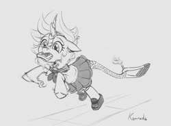 Size: 900x664 | Tagged: safe, artist:komrade, imported from derpibooru, kirin, black and white, bread, clothes, food, grayscale, monochrome, mouth hold, school uniform, schoolgirl toast, toast