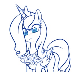 Size: 800x800 | Tagged: safe, artist:jumblehorse, deleted from derpibooru, imported from derpibooru, princess luna, alicorn, pony, friendship is magic, 30 minute art challenge, female, flower, flower garland, garland, looking down, mare, monochrome, partial color, s1 luna, scene interpretation
