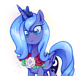 Size: 800x800 | Tagged: safe, artist:jumblehorse, deleted from derpibooru, imported from derpibooru, princess luna, alicorn, pony, friendship is magic, blushing, colored, female, flower, flower garland, garland, looking down, mare, s1 luna, scene interpretation, simple background, solo, sparkles, white background