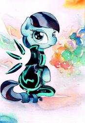 Size: 2397x3437 | Tagged: safe, artist:mashiromiku, imported from derpibooru, coloratura, pony, cyberpunk, female, futuristic, rara, solo, traditional art, tron, tron legacy, watercolor painting