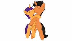 Size: 1920x1080 | Tagged: safe, artist:king-franchesco, imported from derpibooru, oc, oc only, oc:king franchesco, pony, unicorn, cutie mark, eyes closed, female, hooves, horn, hug, kissing, male, mare, open mouth, sitting, stallion