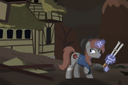 Size: 4000x2667 | Tagged: safe, artist:steampunk-brony, imported from derpibooru, oc, oc only, oc:steamy, pony, unicorn, fallout equestria, bandage, clothes, glowing horn, gun, hat, high res, hooves, horn, jumpsuit, levitation, magic, male, ruins, shotgun, solo, stallion, telekinesis, vault suit, vector, wasteland, weapon