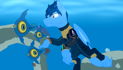 Size: 3500x2000 | Tagged: safe, artist:ankokufang, imported from derpibooru, oc, oc only, oc:glacier frostclaw, dracony, dragon, fish, hybrid, peeper (subnautica), clothes, crossover, diving, fangs, folded wings, male, mushroom, ocean, stallion, subnautica, swimming, swimsuit, underwater, video game crossover, wetsuit, wings