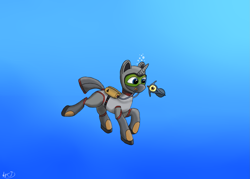 Size: 2357x1692 | Tagged: safe, artist:arcanetesla, imported from derpibooru, oc, oc only, oc:arcane tesla, fish, peeper (subnautica), pony, unicorn, air bubble, air tank, bubble, clothes, crossover, digital art, diving, diving suit, gradient background, horn, oxygen tank, signature, solo, subnautica, swimming, swimsuit, underwater, video game crossover