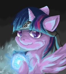 Size: 1266x1409 | Tagged: safe, artist:frostyshield951, imported from derpibooru, twilight sparkle, alicorn, pony, bandana, black background, blue, epic, female, headband, naruto, ninja, purple, rasengan, simple background, solo, twilight sparkle (alicorn), wings