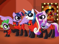 Size: 2732x2048 | Tagged: safe, artist:justsomepainter11, imported from derpibooru, princess cadance, princess flurry heart, shining armor, spike, twilight sparkle, alicorn, human, pony, unicorn, bob parr, clothes, cosplay, costume, dash parr, disney, edna mode, elastigirl, frozone, helen parr, incredibles 2, jack-jack parr, lucius best, movie poster, mr. incredible, mrs. incredible, pixar, show accurate, superhero, superhero costume, the incredibles, twilight sparkle (alicorn), violet parr