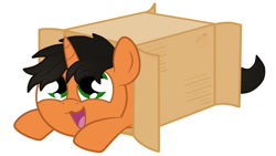 Size: 852x480 | Tagged: safe, artist:king-franchesco, imported from derpibooru, oc, oc only, oc:king franchesco, pony, unicorn, box, cute, hooves, horn, lying down, male, open mouth, pony in a box, simple background, solo, stallion, white background