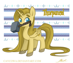 Size: 800x686 | Tagged: safe, artist:caycowa, imported from derpibooru, oc, oc only, alicorn, pony, alicorn oc, female, hammer, mare, mjölnir, mouth hold, solo, thor, war hammer