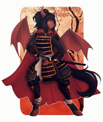 Size: 1521x1800 | Tagged: safe, artist:lorythas, imported from derpibooru, oc, oc:mariposa, anthro, bat pony, armor, bat pony oc, cape, clothes, katana, ronin, samurai, sword, weapon