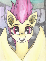 Size: 672x881 | Tagged: safe, artist:astevenamedwolf, imported from derpibooru, fluttershy, bat pony, pony, cute, female, flutterbat, looking at you, open mouth, race swap, shyabates, shyabetes, smiling, solo, traditional art