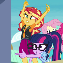 Size: 904x904 | Tagged: safe, imported from derpibooru, screencap, fluttershy, pinkie pie, sci-twi, sunset shimmer, twilight sparkle, equestria girls, equestria girls series, rollercoaster of friendship, cropped, faic, female, finger gun, offscreen character