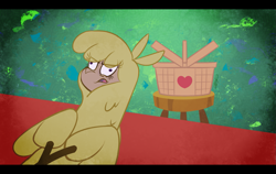 Size: 1499x945 | Tagged: safe, artist:leolevahn, imported from derpibooru, paprika paca, alpaca, them's fightin' herds, party of one, basket, female, paprika (tfh), parody, picnic basket, scene interpretation, solo