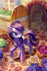 Size: 1377x2066 | Tagged: safe, artist:holivi, imported from derpibooru, oc, oc only, oc:cork dork, earth pony, pony, basket, commission, female, food, grapes, mare, smiling, solo