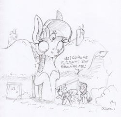 Size: 1608x1548 | Tagged: safe, artist:dilarus, deleted from derpibooru, imported from derpibooru, applejack, pinkie pie, earth pony, pony, comic:the many faces of twilight sparkle, applejack's hat, bush, cowboy hat, dialogue, hat, macro, monochrome, size difference, species swap, third eye, traditional art