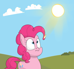 Size: 3000x2789 | Tagged: safe, artist:moonatik, imported from derpibooru, pinkie pie, earth pony, pony, abuse, atg 2018, bush, female, fire, heat, mane on fire, mare, newbie artist training grounds, pinkiebuse, scrunchy face, solo, summer, sun