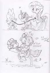 Size: 1648x2370 | Tagged: safe, artist:dilarus, deleted from derpibooru, imported from derpibooru, fluttershy, spike, twilight sparkle, alicorn, dragon, pegasus, pony, comic:the many faces of twilight sparkle, bridle, collar, dialogue, leash, monochrome, stealing, tack, tallershy, traditional art, twilight sparkle (alicorn)